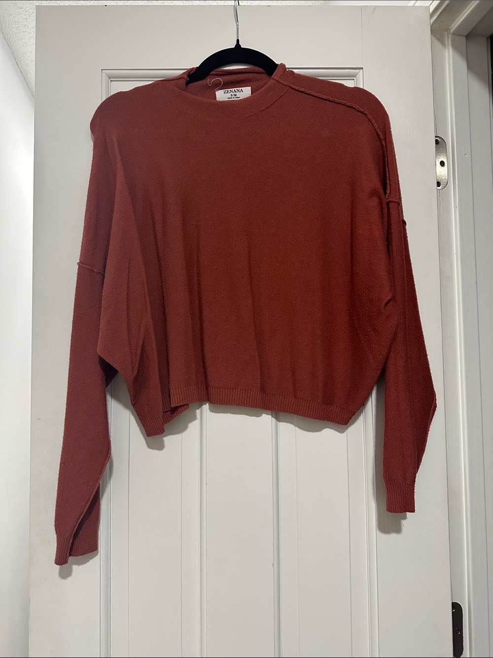 Zenana Outfitters Brick Red Cropped Crewneck Sweater